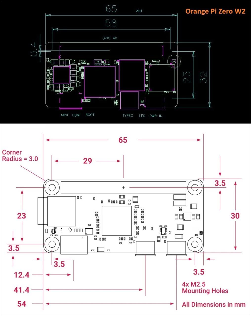 Orange Pi Zero 3W Dimensions